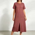 thumbnail image 4 of Levmjia Women's Summer Dress Short Sleeve Crew Neck Side Pocket Casual A Line Midi Dress with Side Slit Loose Fit Solid Color Day Dresses, 4 of 6
