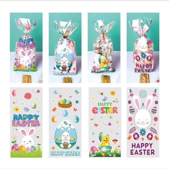 LMTODLFG Easter Treat Bags, Easter Cellophane Treat Bags, Easter Candy Bags, Easter Cello Goodie Cooikes Gift Bags for Easter Party Favor Supplies, 4 Assorted Styles