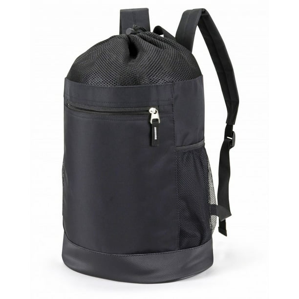 Polyester Mesh Backpack Drawstring Gymbag with Leatherette Bottom Black ...