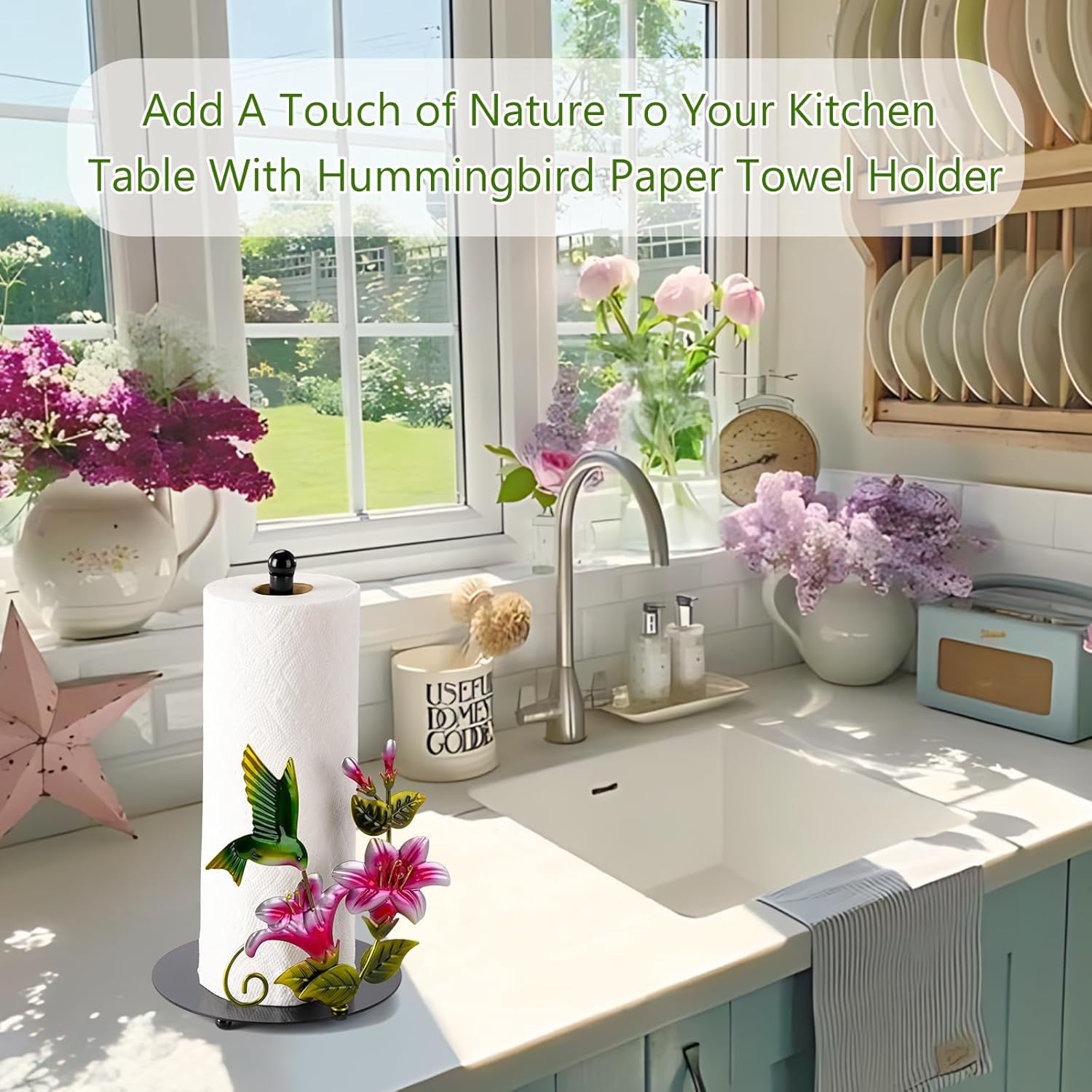 ThrottleT - Flower & Hummingbird Decor Paper Towel Roll Holder Countertop - Farmhouse Kitchen Decor and Accessories, Hummingbird Housewarming Gifts for Women Mom Grandma, Weighted Base