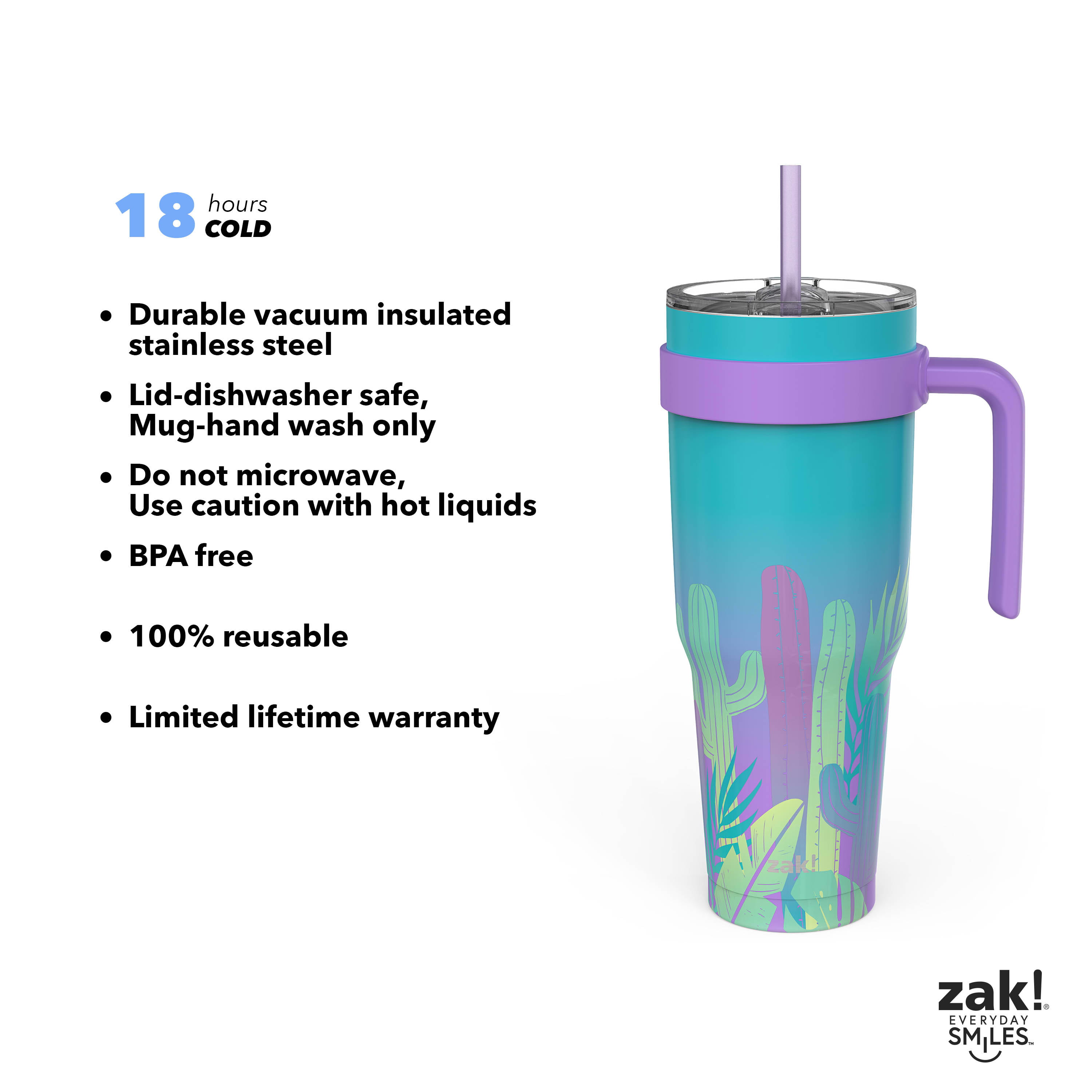 Zak Designs Summer Prints 40 Ounce Stainless Steel Tumbler, Cactus Pink 