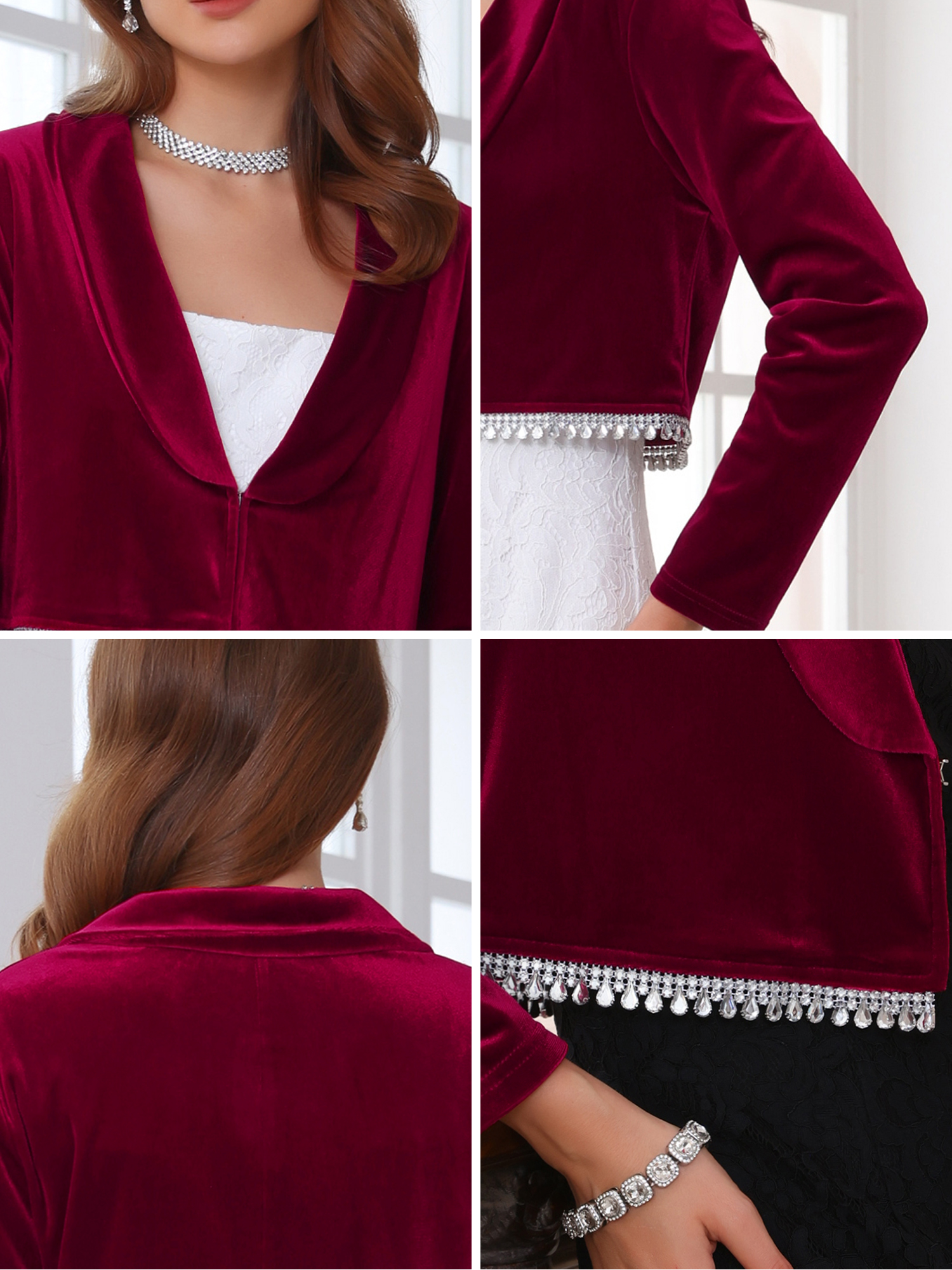 DARING DIVA Women's Elegant Velvet Shrug With Sparkle Trim M Burgundy