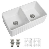 Dcolora Double Bowl Farmhouse Kitchen Sink Reversible Front Apron White Fireclay Ceramic Sink Undermount Barn Sink 33"W×18"D×10"H,DC-A8871
