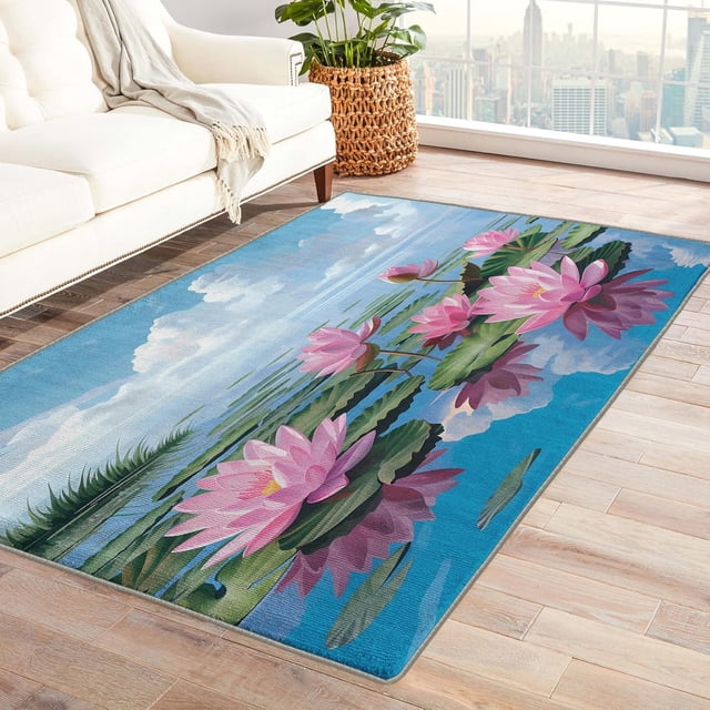 Lotus Flower Area Rug - 4x5 Rug - Lotus Flower Rug - Pink Floral Area Rug - Lotus Pond Rugs - Girls Carpet