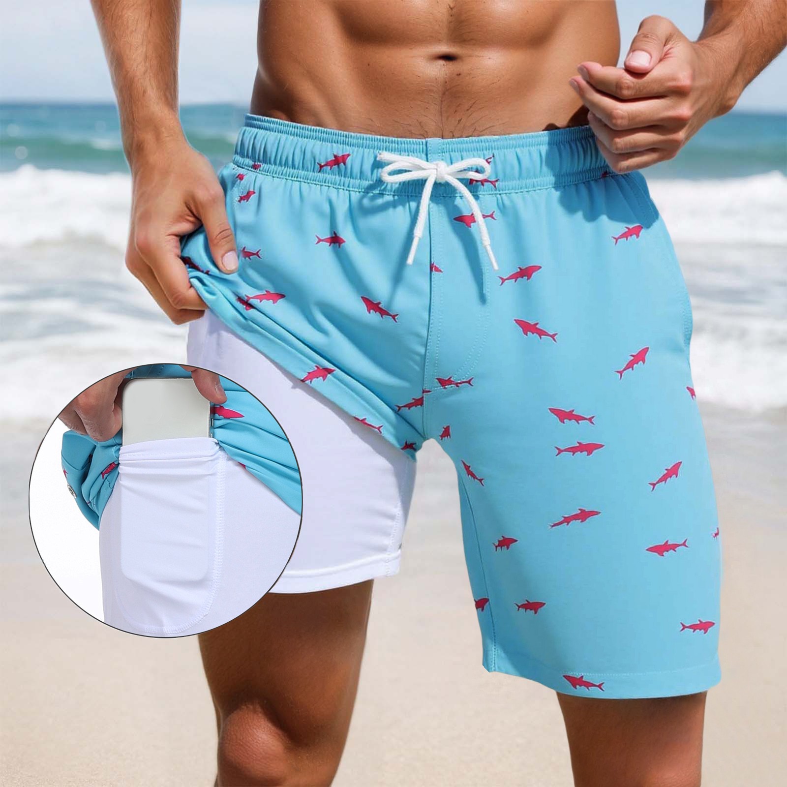 Tisuna Stylish Men's Swim Shorts Shark Print Drawstring Elastic Waist Straight Leg Trunks With Liner Male Casual Summer Beach Vacation Pool Party Shorts Sky Blue Size Xxxl