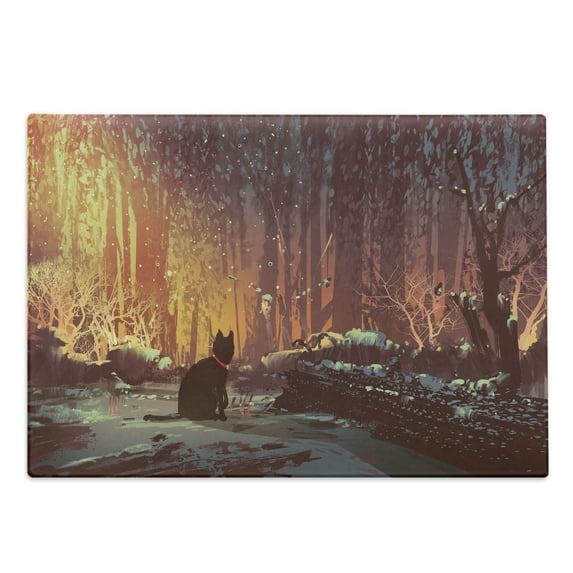 Fantasy Cutting Board, Surreal Lost Black Cat Deep Dark in Forest with Mystic Picture Art Print, Decorative Tempered Glass Cutting and Serving Board, Large Size, Orange Brown, by Ambesonne