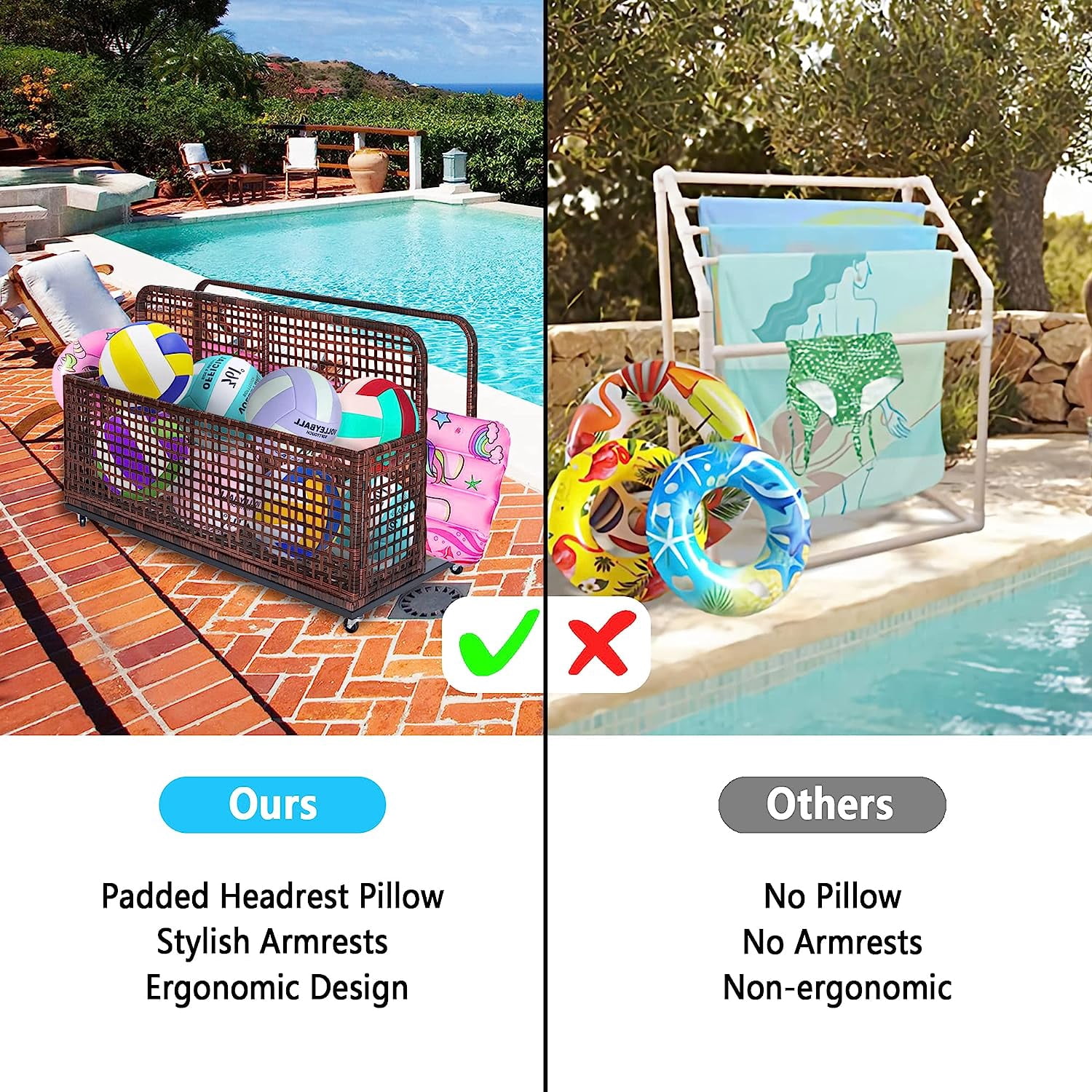 AOILE Poolside Storage with Rolling Wheels, PE & Iron Outdoor Storage Toy Rack for Poolsides, Patios, Gardens, Waterproof, Weather Resistant and Easy Mobility, Brown