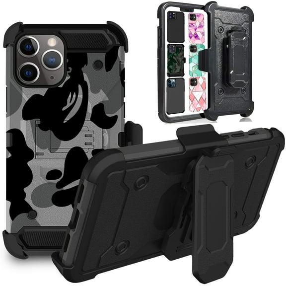 iPhone 11 PRO 5.8" 2019 A2160 A2217 A2215 Heavy Duty Military Print Belt Clip Rugged Cover - Military Gray(with Holster)