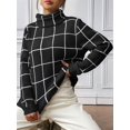 thumbnail image 5 of Women Fall High Neck Plaid Sweater Long Sleeve Loose Casual Chunky Checked Knit Winter Sweaters Jumper Tops, 5 of 8