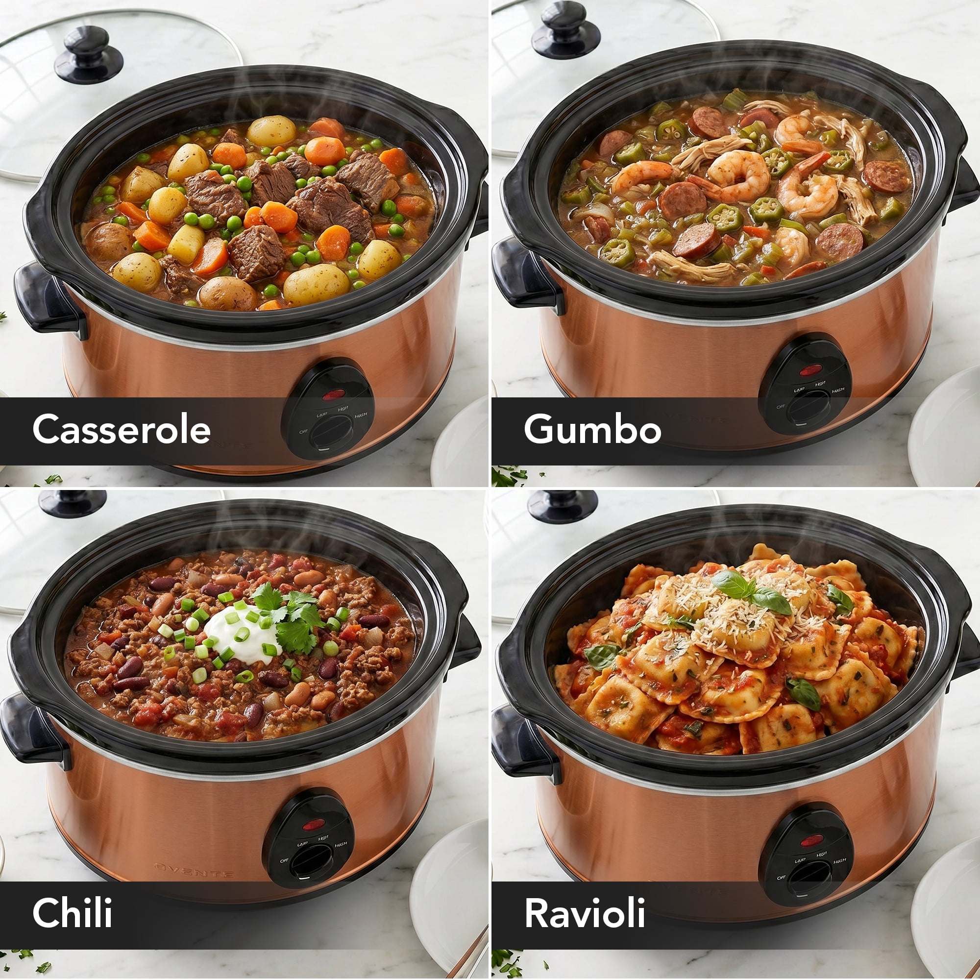 OVENTE Electric Slow Cooker with 3 Cooking Settings Non-Stick and Dishwasher Safe Stoneware, Stainless Steel Body, Glass Lid, 3.7 Qt Oval Pot for Entrees, Soups, Sauces, Stews & Dips, Copper SLO35ACO