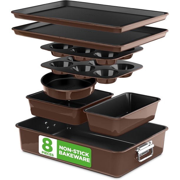 Set de Charolas para Hornear Antiadherentes Apilables de 8 Piezas NutriChef, Incluye Bandejas de Acero Premium, Molde para Pastel, Muffin, Brownies, Pan y Bandejas para Galletas y Asar, Marron