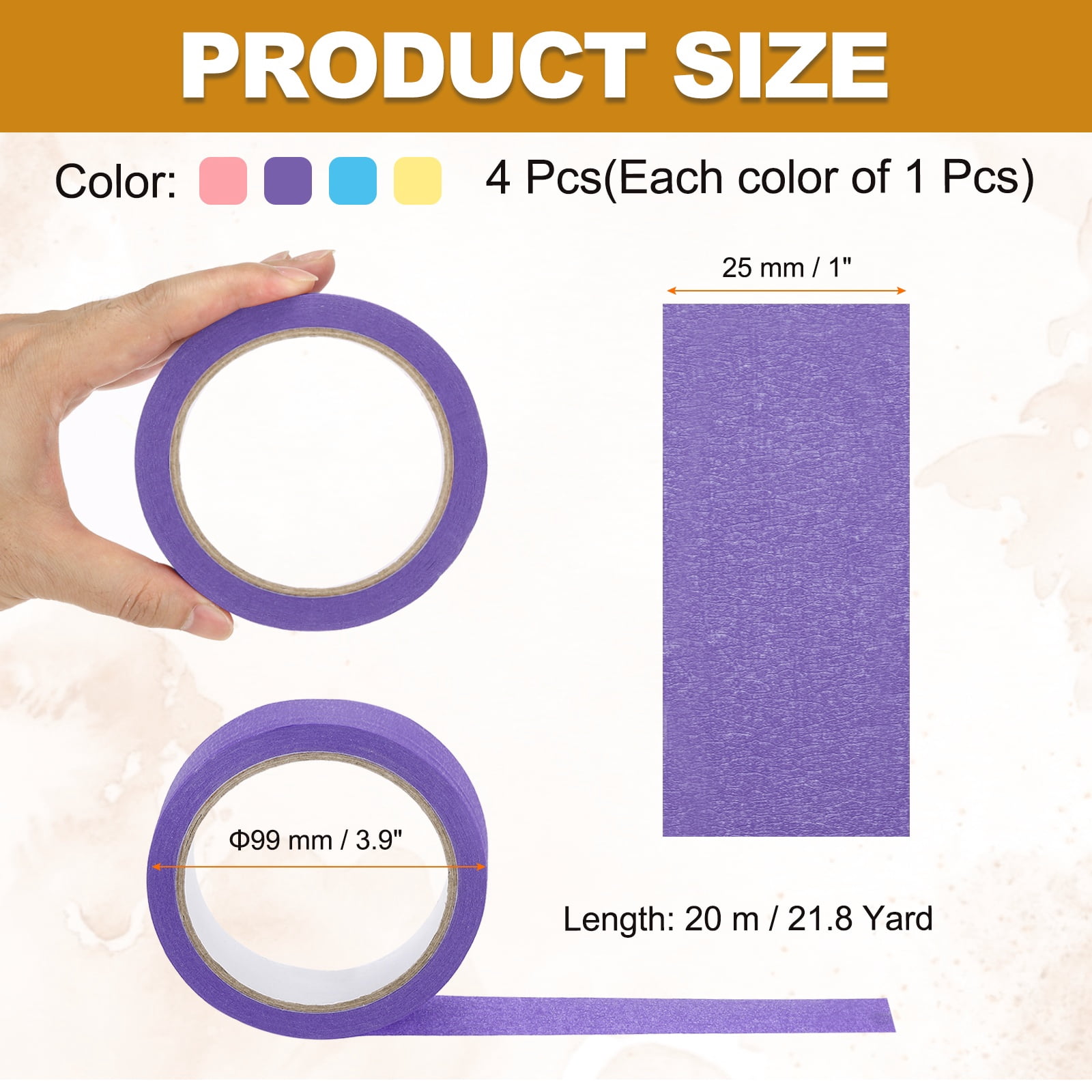 4pcs 1" x 22 Yard Colored Masking Tape, Blue Pink Purple Yellow