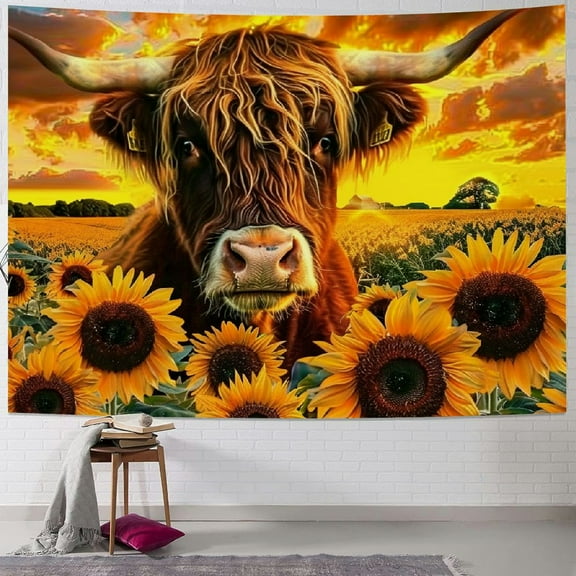 JRXY Highland Cow Tapestry Wall Hanging Sunflower Cattle Wall Art for Bedroom Living Room for Farmhouse Wildlife Animal Tapestry Floral Decor 40x30inch