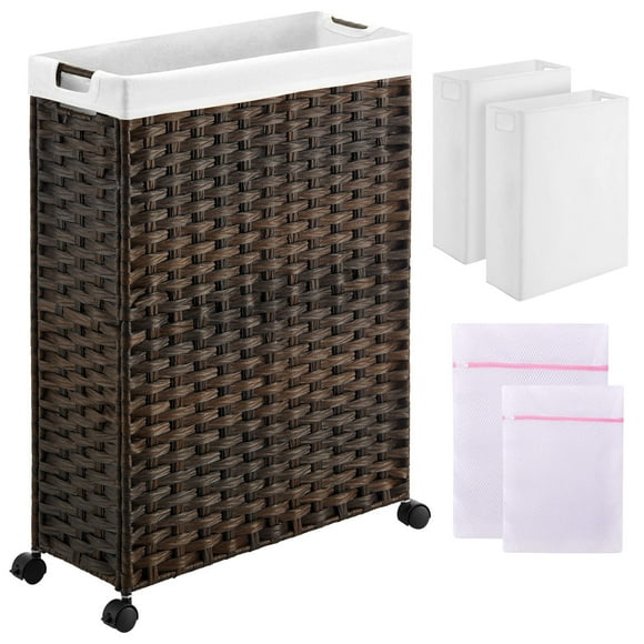 Greenstell Cesta para la colada con ruedas, cesta delgada para la colada de 17,4 galones (66 L) con 2 bolsas de forro extraíbles y 2 bolsas de malla, cesta estrecha de ratán para ropa para dormitorio,