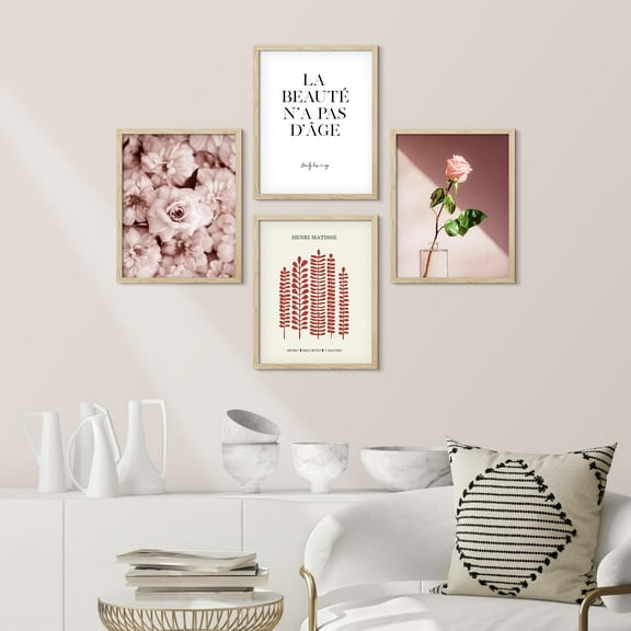 PixonSign Framed Wall Art French Typography Pink Rose Flowers Posters, Set of 4 Abstract Botanical & Words Illustrations Wall Decor, Adhesive Canvas Prints for Home Decor - 8"x10" Natural