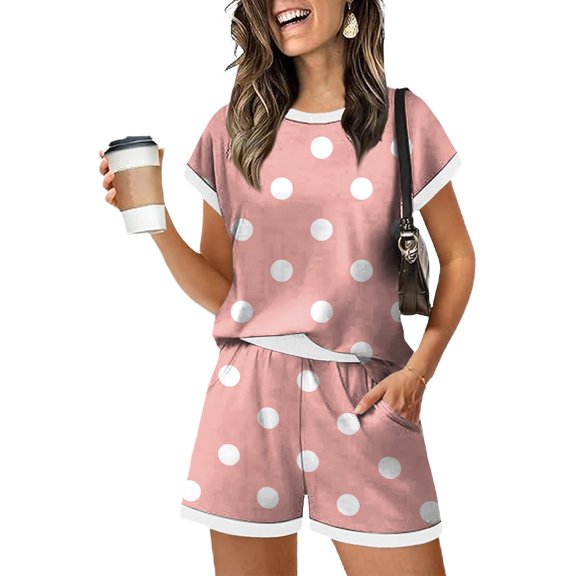 Domzest Womens 2 Piece Polka Dots Short Sets Short Sleeve Crew Neck Shirts & Elastic Waist Shorts 2026 Summer Lounge Set for Both Homewear and Going Out Pink XXL