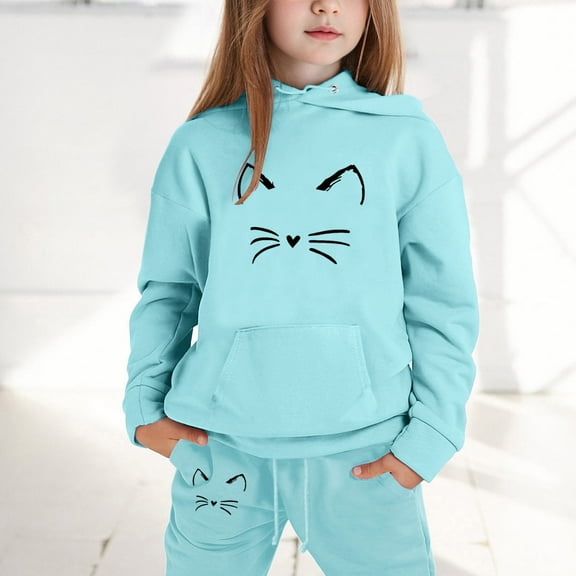 LIUYUNNN Kids Boys Girls Sweatsuit Set 2 Piece Long Sleeve Cat Sky Blue Tracksuit Hoodie Sweatpants Fall Clothes Boys Girls Active Tracksuit Set 8-9 Years Boys Girls Fall and Winter Outfits