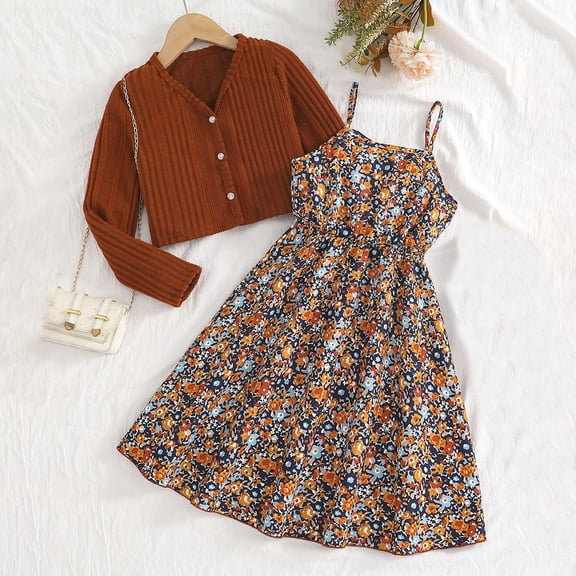 ATOGUTA School Outfits for Girls 2 Pieces Floral Cami Skirts Dress and Button Down Long Sleeve Jacket Sets Size 5T-14, Coffee