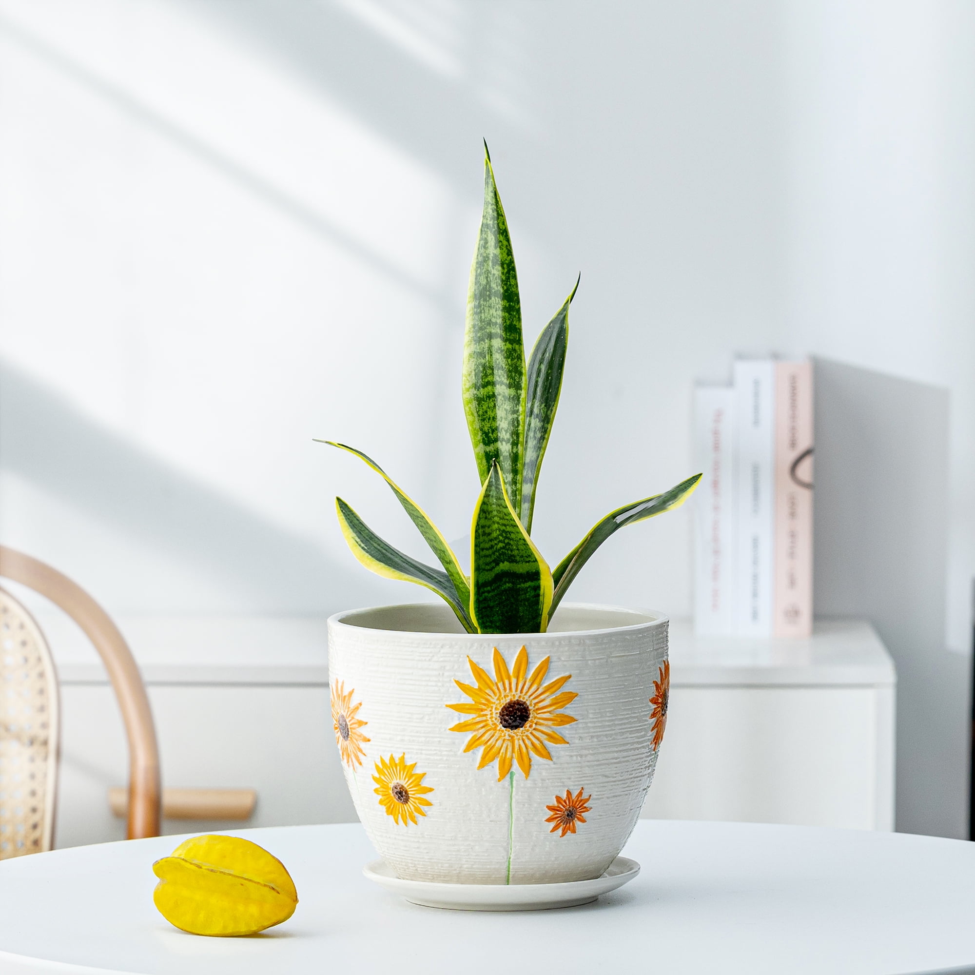8 Inch Plant Pot, Sunflower Ceramic Planter with Drainage Holes and Saucers for Plants Indoor and Outdoor Flower Pot