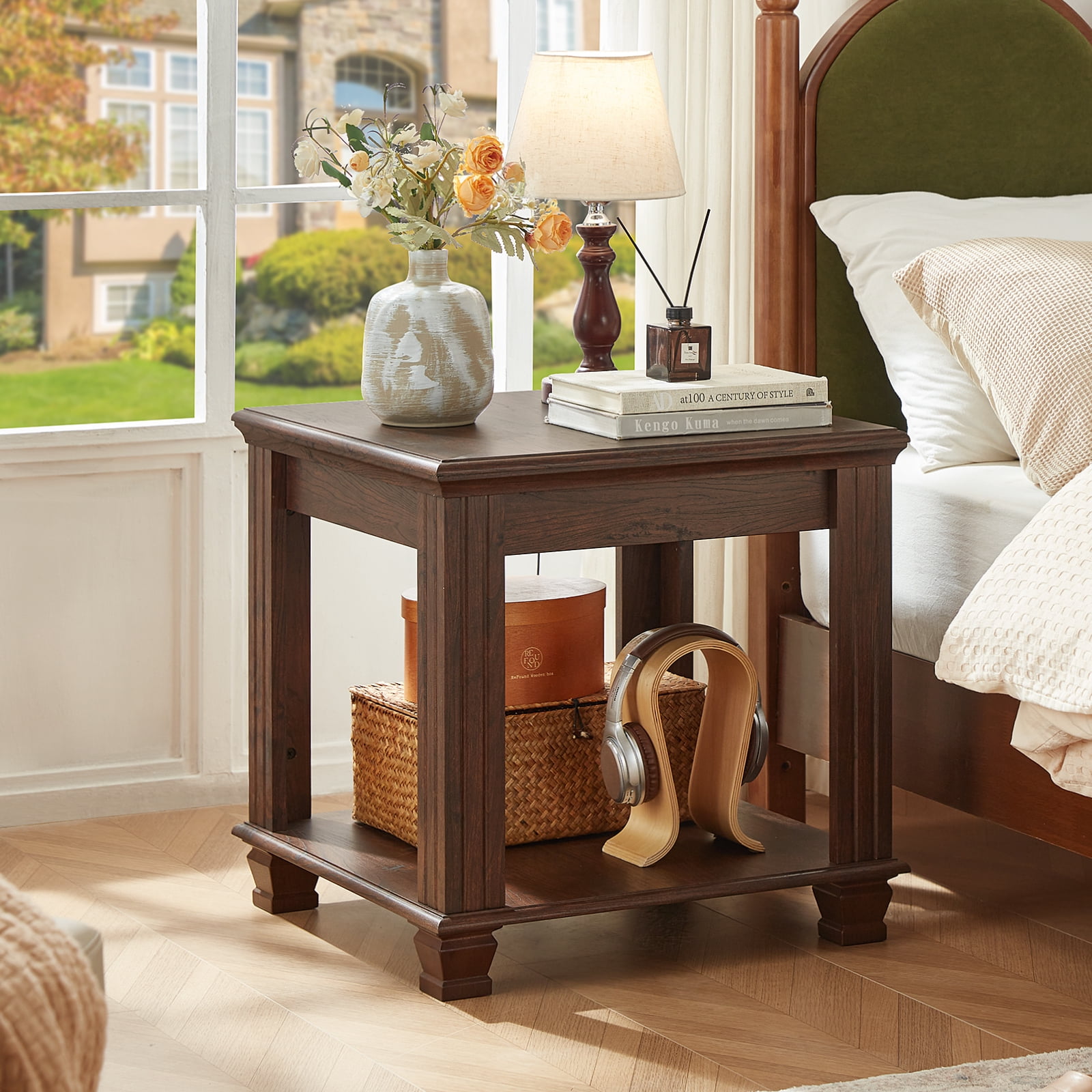 Buildhom Farmhouse End Table, Large 2-Tier Side Table with Storage Shelf, Rustic Brown Square Tea Table for Living Room, Walnut
