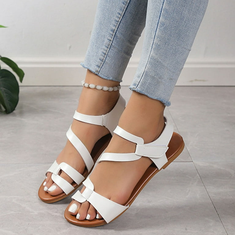 Xfvqtps Flat Sandals for Women Cross Straps Ankle Velcro Cut out
