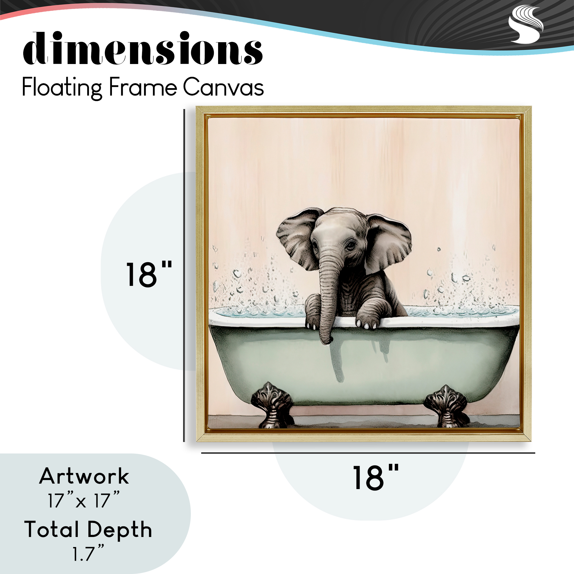 Baby Elephant Bathtime Gold Framed Floater Canvas Wall Art, design by Sasha