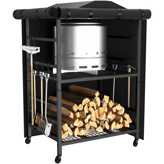 2-Tier Firewood Rack with Cover, Heavy Duty Steel Outdoor Wood Storage for Backyard, Patio & Fireplace, All-Weather Protection, 34.8" x 23.6" x 51.3"