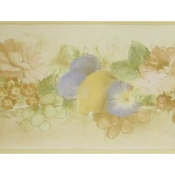 Prepasted Wallpaper Border - Food Brown, Green, Pink, Purple Plums, Grapes, Pears, Flowers Wall Border Retro Design, 15 ft x 7 in (4.57m x 17.78cm)