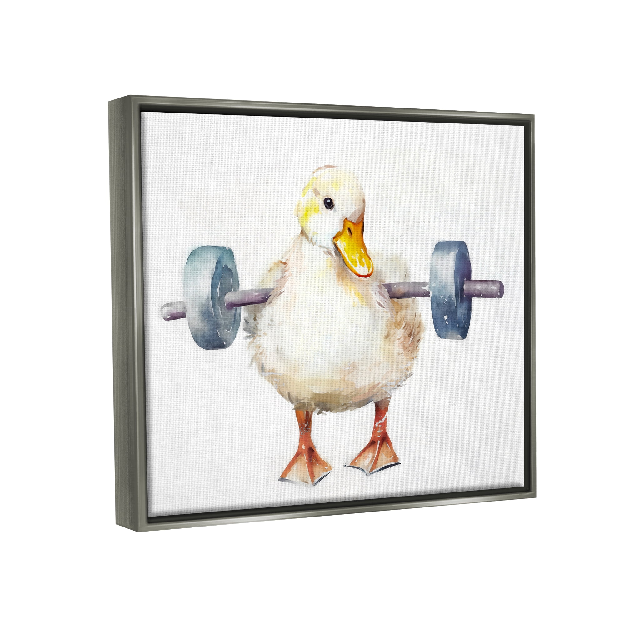 Stupell Industries Duck Lifting Weights Animals & Insects Painting Gray Floater Framed Canvas Art Print Wall Art, 21 x 17