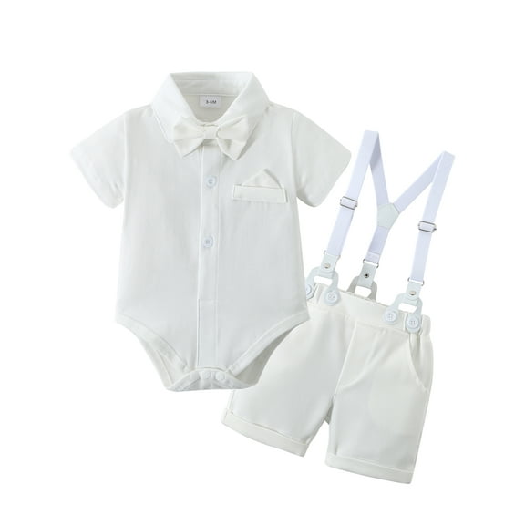 CARETOO Infant Boy Clothes Formal Outfits 3-24M Summer Short Sleeve Shirt Bowtie Suspender Pants