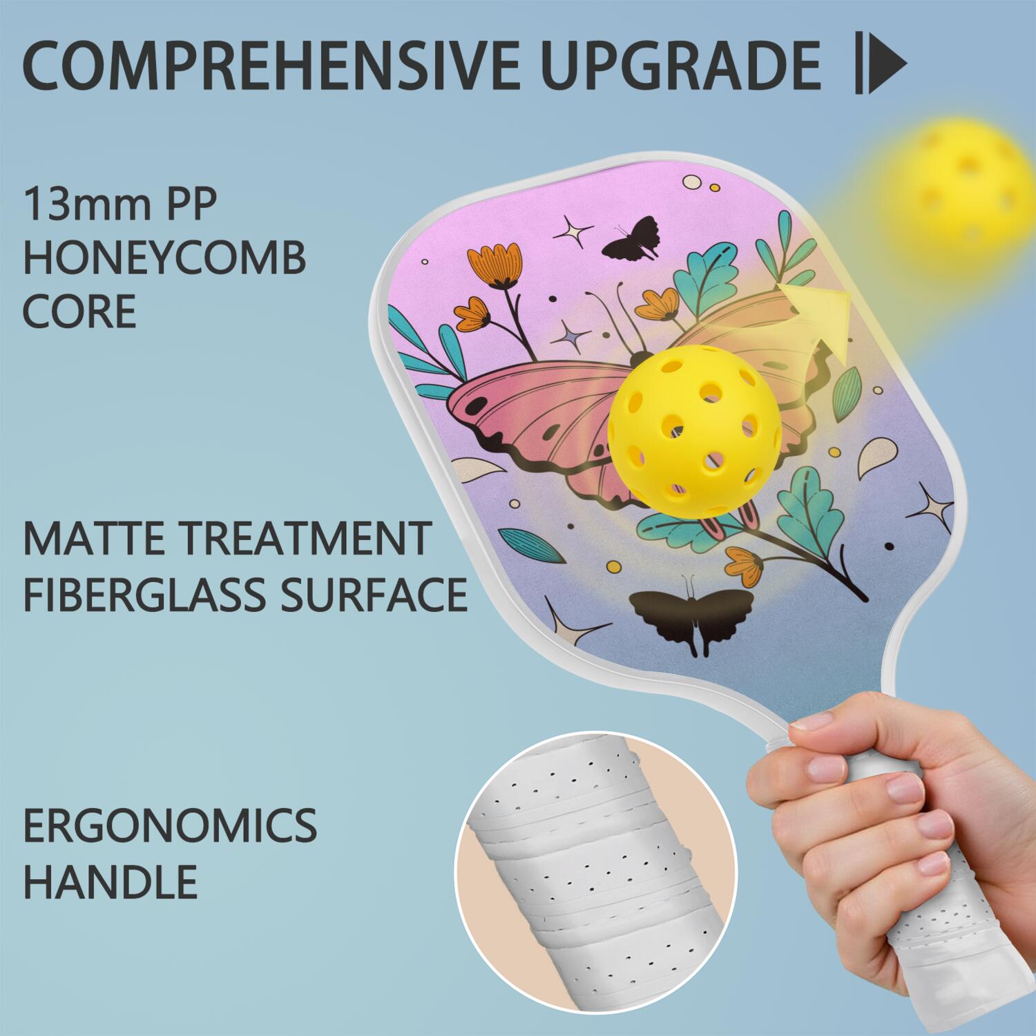 Pickleball Paddles Set Of 2, Fiberglass Surface, Butterfly Print, 4 Balls & Bag