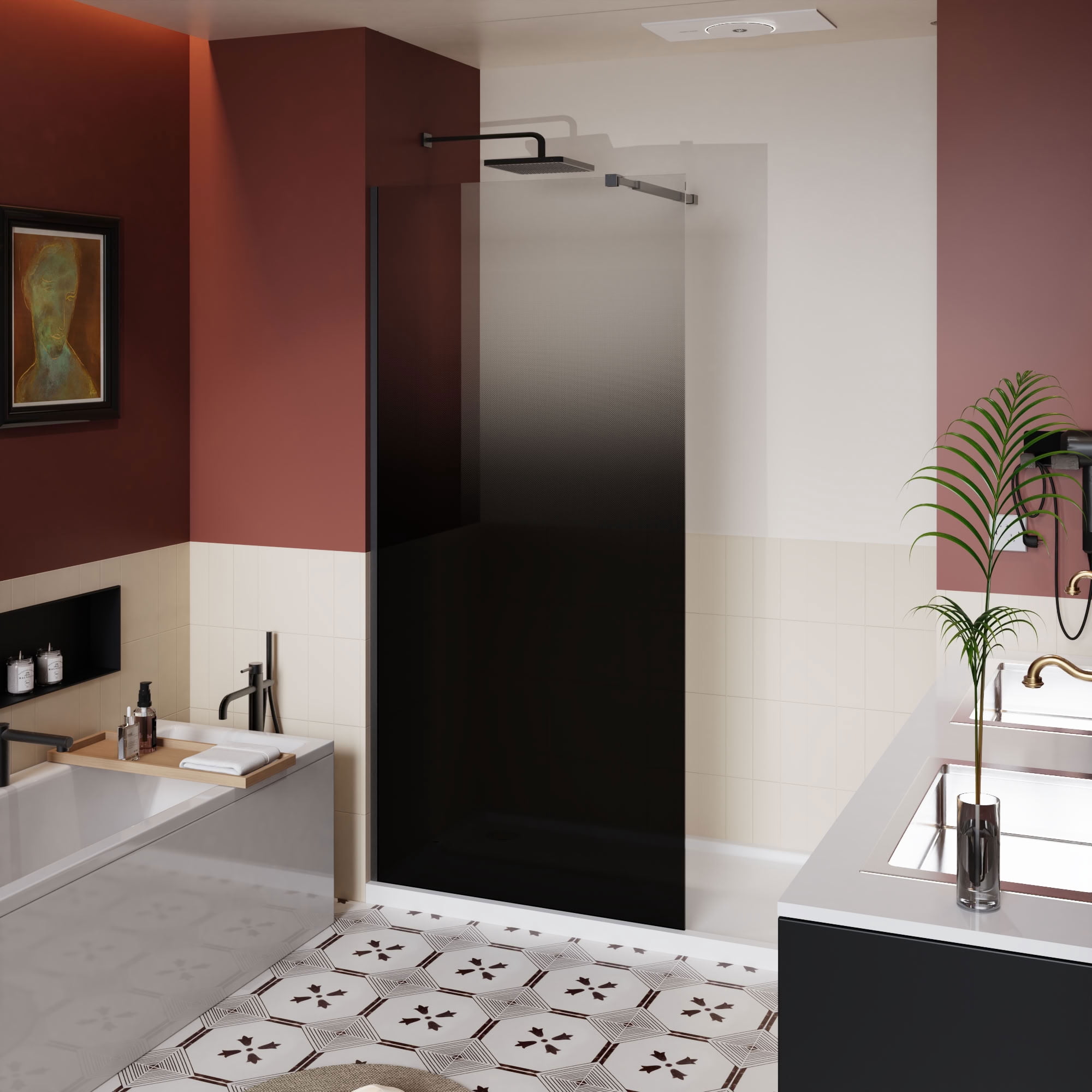 MAYEERTY Fixed Shower Door, Black Aluminum Frame, 1/4" Black Gradient Tempered Glass with Supporting Bar, Waterproof & Reversible Installation