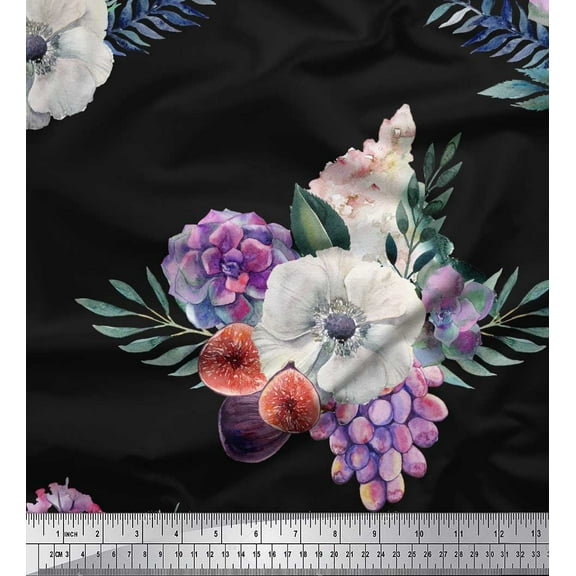 Soimoi Black Cotton Duck Fabric Leaves & Anemone Floral Decor Fabric Printed Yard 44 Inch Wide