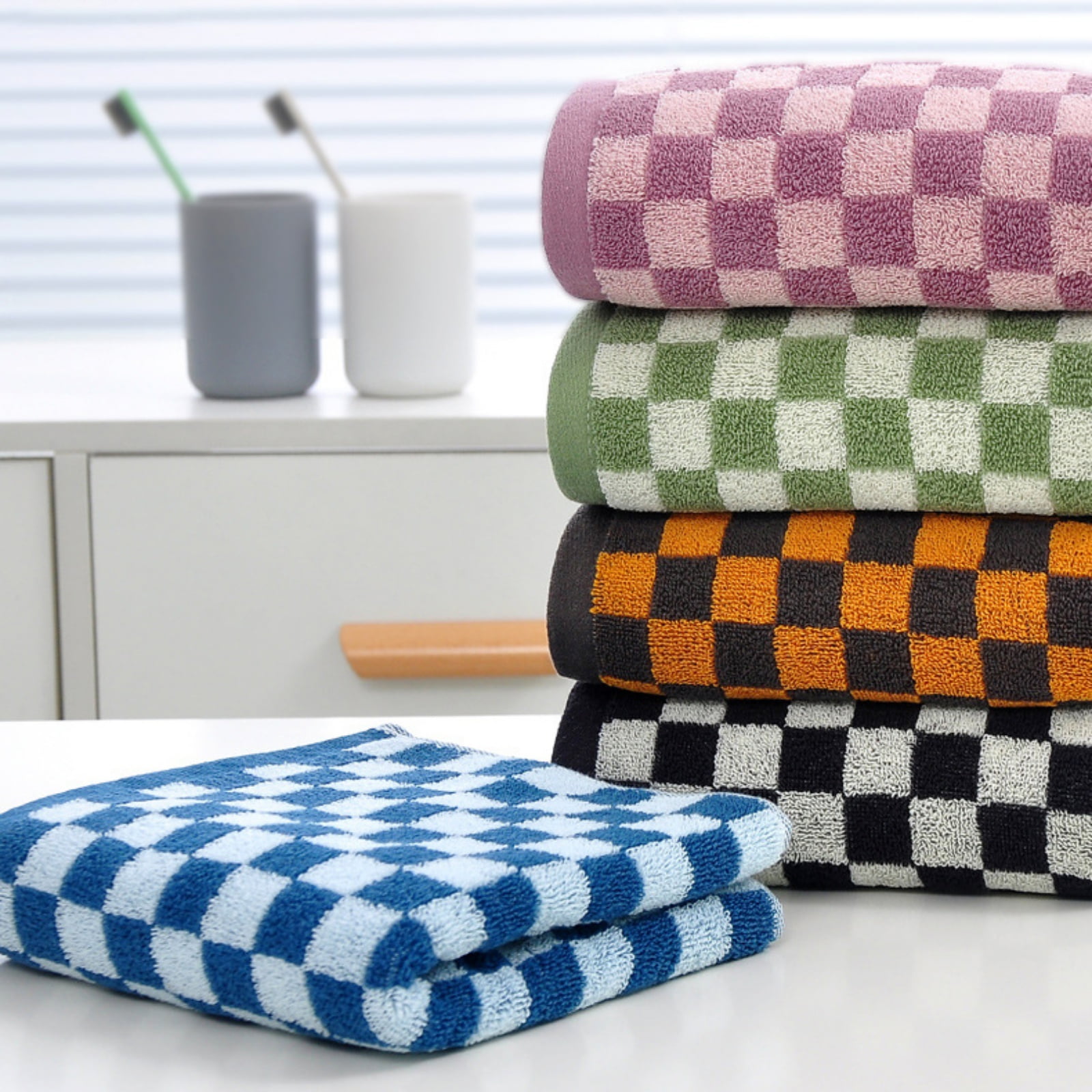 5 Pcs Checkered Large Bath Towels Bulk 13.7 x 29.5 Inch Soft Colorful Bath Towels Checkered Towels for Bathroom Spa Shower Gifting Hotel Gym Beach Pool