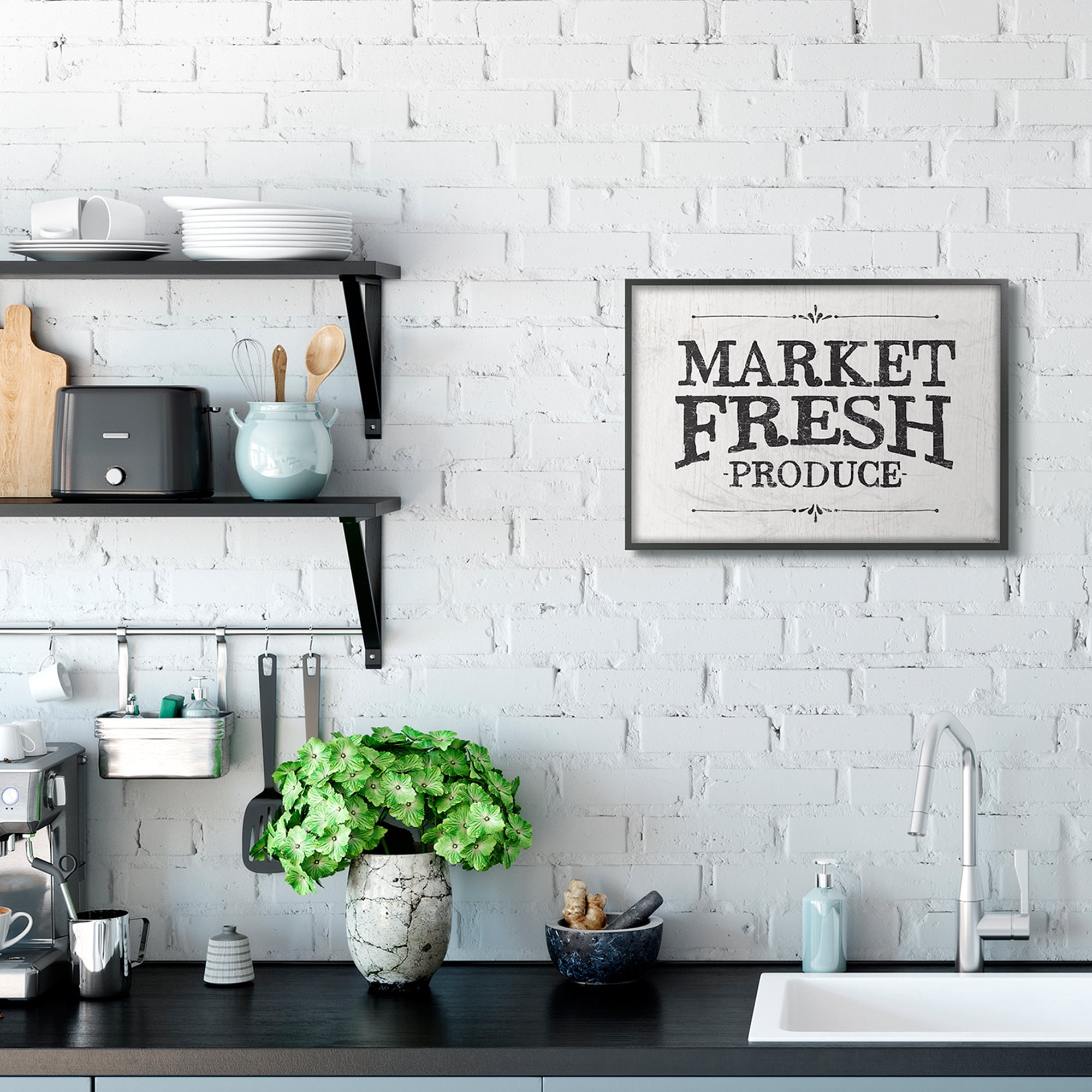 Stupell Industries Market Fresh Produce Wood Texture Farm Word Design Graphic Art Black Framed Art Print Wall Art, 16x20, by Gigi Louise