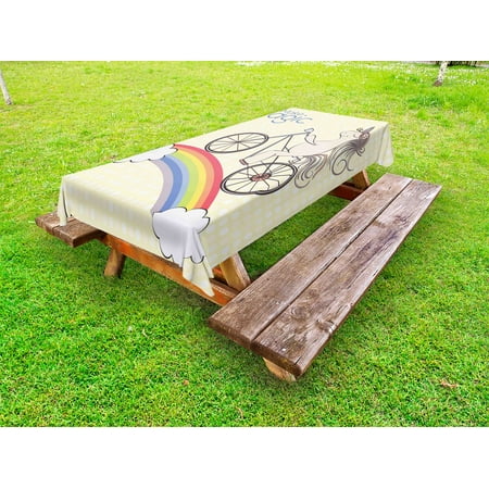 

Unicorn Party Outdoor Tablecloth Polka Dot Background with Hand Drawn Magical Animal Riding Bicycle on Rainbow Decorative Washable Fabric Picnic Tablecloth 58 X 104 Inches Multicolor by Ambesonne