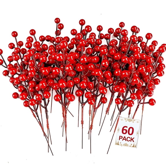 LAMIRO Artificial Red Berry 60 Pack Holly Christmas Tree Berries Stems for Christmas Tree Decorations Crafts Holiday and Home Decor (Red)