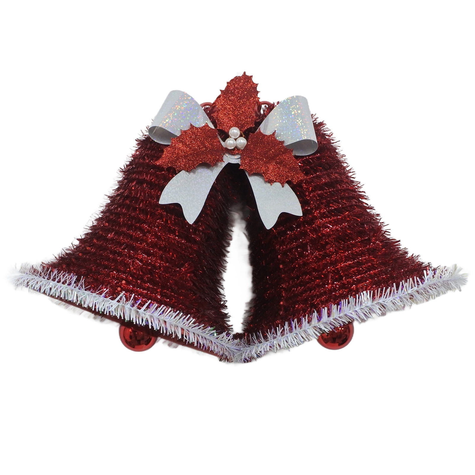 Tinsel Double Bells Christmas Decoration, Red and White, 8", by Holiday Time