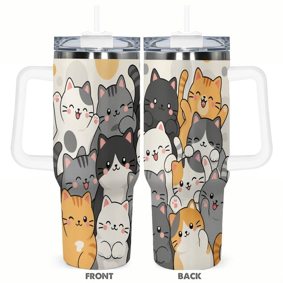 40oz Cute Kawaii Cartoon Cats Smiling Pets Insulated Tumbler with Handle and Straw Travel Cup Car Cup