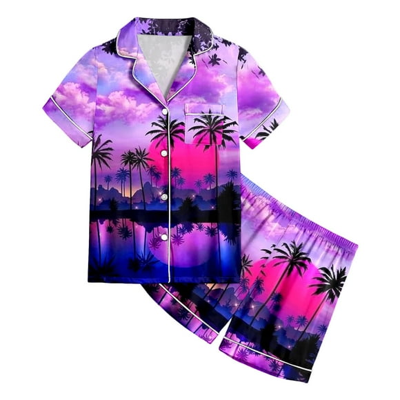XovLAHzY Toddler Baby Girl Outfit 2 Piece Sets Pajamas Kids Graphic Print Short Sleeve Button Shirt Shorts Pajama Set Summer Clothing Set 12-13 Years