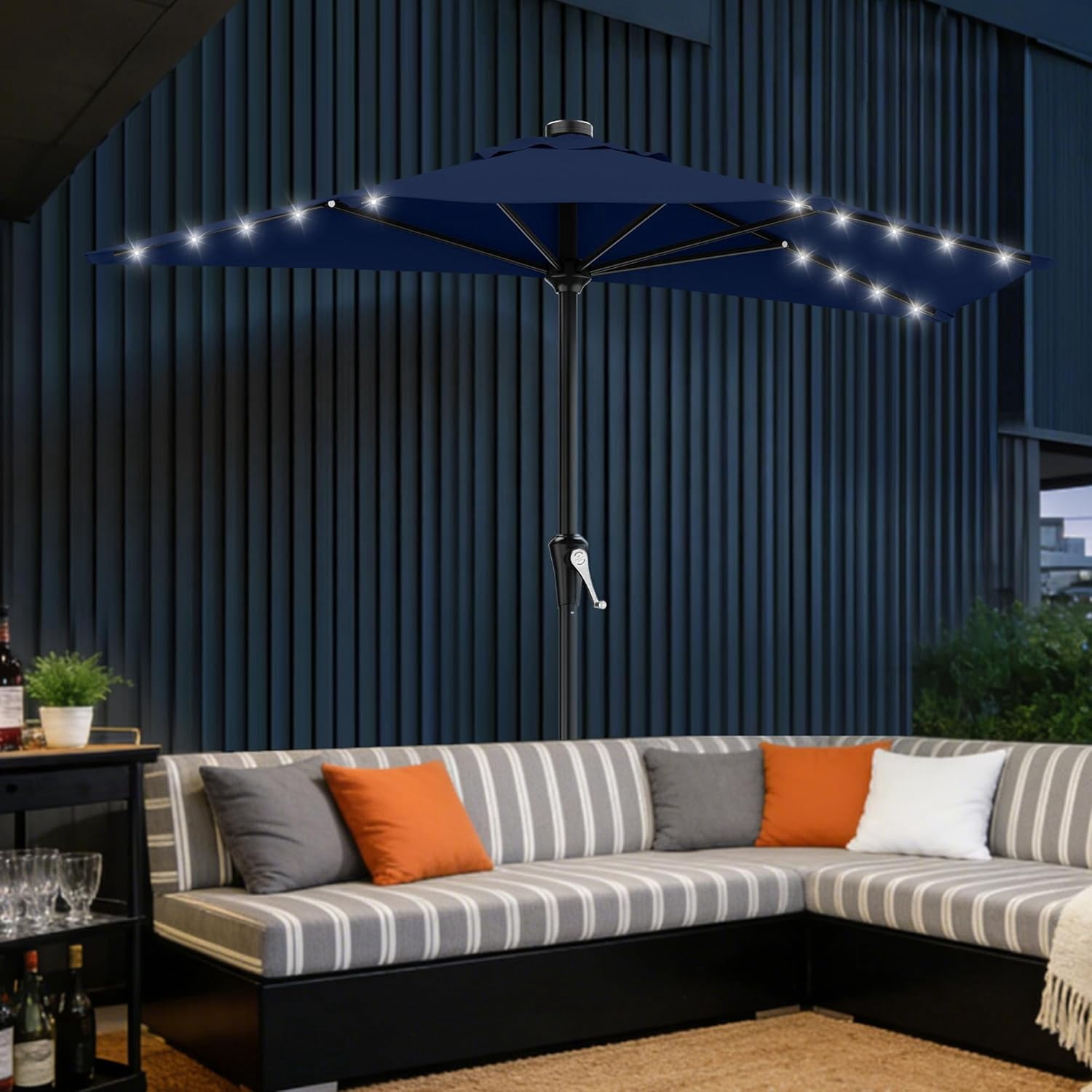 9ft Patio Half Umbrellas with Solar Lights, 1/2 LED Half Outdoor Umbrella w/ 20 LED Lights, Lighted Table Wall Umbrella with Crank & 5 Sturdy Ribs for Market, Pool, Deck, Lawn and Garden, Navy