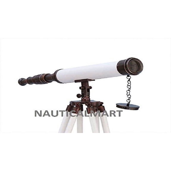 NauticalMart Floor Standing Antique Copper with White Leather Harbor Master Telescope 50"