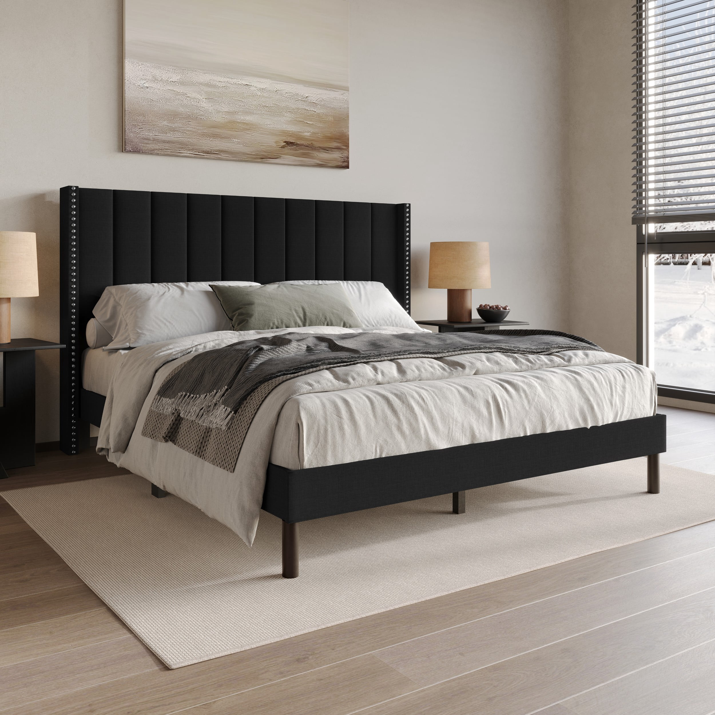 Home Design Odessa Full Linen Upholstered Wingback Panel Bed Frame with Vertical Channel Tufting & Nailhead Trim, Black, Easy Assembly