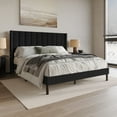 thumbnail image 2 of Home Design Odessa Queen Linen Upholstered Wingback Panel Bed Frame with Vertical Channel Tufting & Nailhead Trim, Black, Easy Assembly, 2 of 12