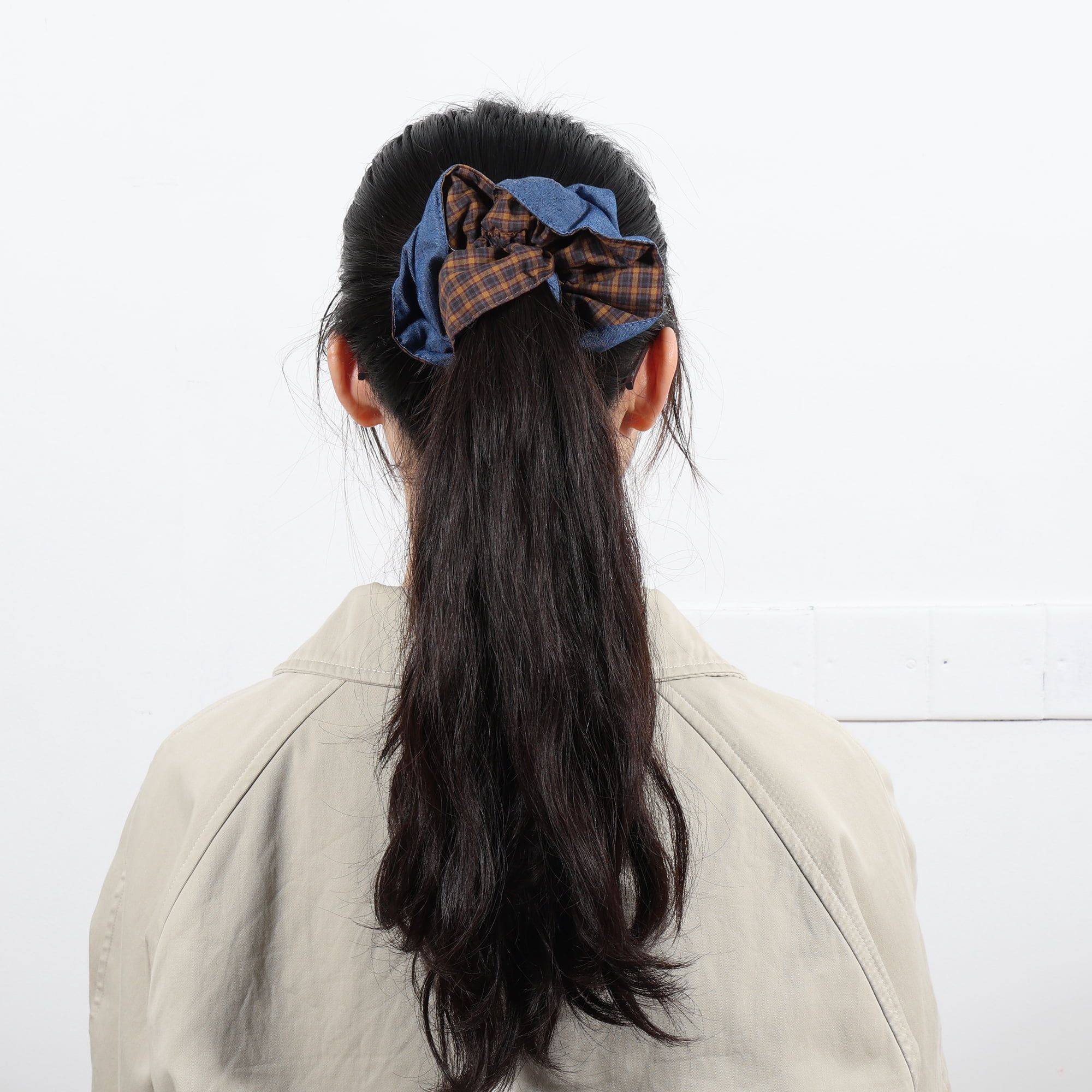 Unique Bargains Fashionable Denim Hair Ties All Occasions 1 Pc Blue, Brown Plaid