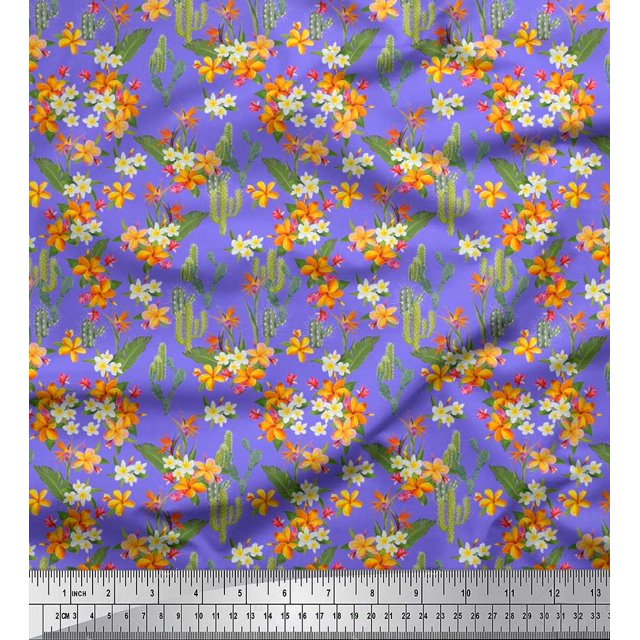 Soimoi Poly Georgette Fabric Cactus,Leaves & Tropical Flower Floral Print Fabric by The Yard 52 Inch Wide