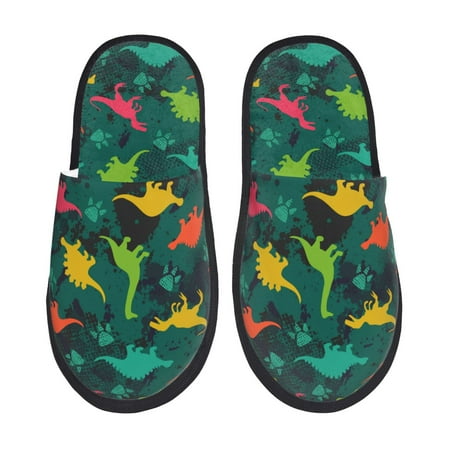 Balery Colorful Dinosaurs Slient Indoor Furry Fleece Comfort House Shoes Soft Non-Slip Home Shoes Cotton slippers House Slippers-- Large
