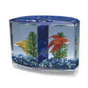 Penn-Plax Double Betta Bowfront Tank Kit – Safely Divided Compartments – Includes Pro-V Crystals, Filter Grid, and 2 Plastic Aquarium Plants – Blue