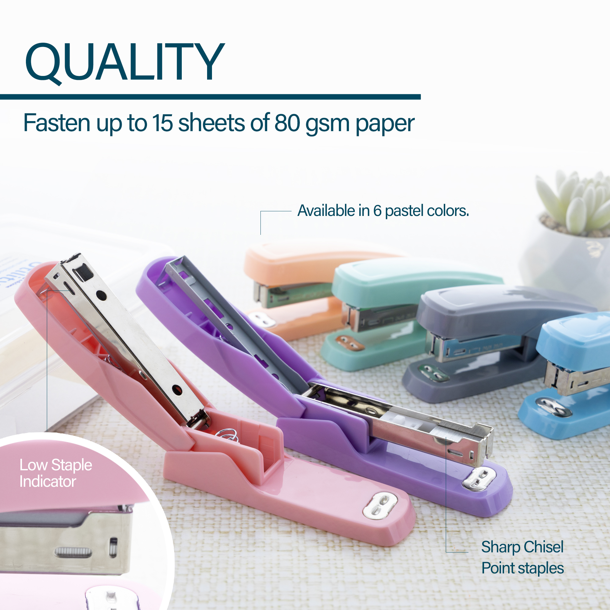 BAZIC Desktop Stapler with 50 Staples (26/6), Assorted Pastel Color Standard Stapler, 15 Sheet Capacity, Ergonomic Jam Free, 6-Pack