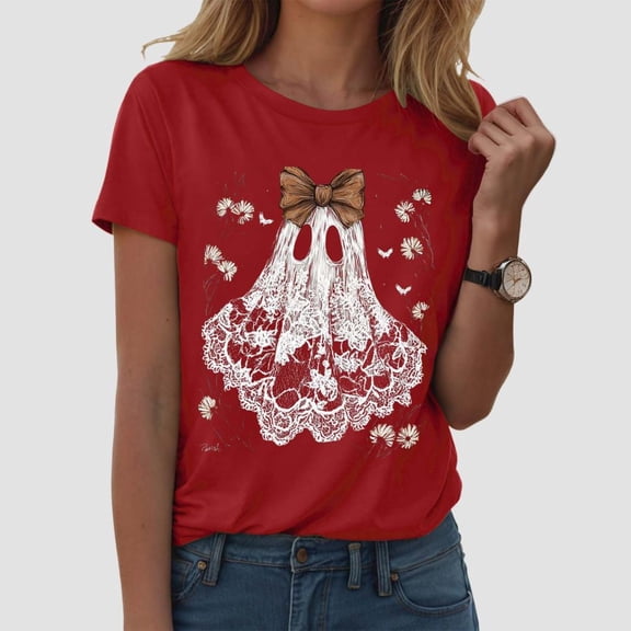 Halloween Ghost Shirts for Women Casual Short-Sleeved Ghost Print T-Shirt Retro Fall Spooky Season Tees Tops